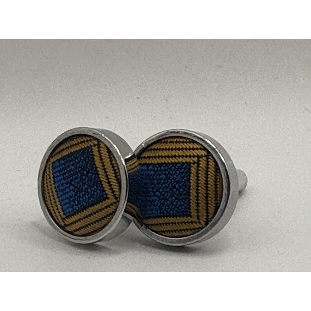 Vintage Silver Tone Cufflinks Blue Gold Woven Fabric Inlay Round Mid Century